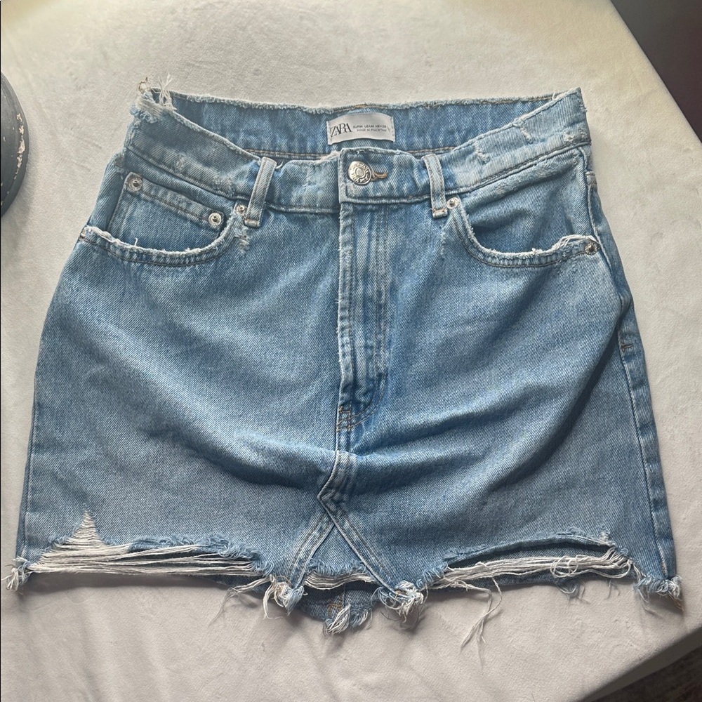 Zara Light Blue Distressed Denim Skirt